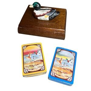 Vtg Price Prod Wood Playing Card Holder Box w/Mallard Duck & 2 Sealed Decks